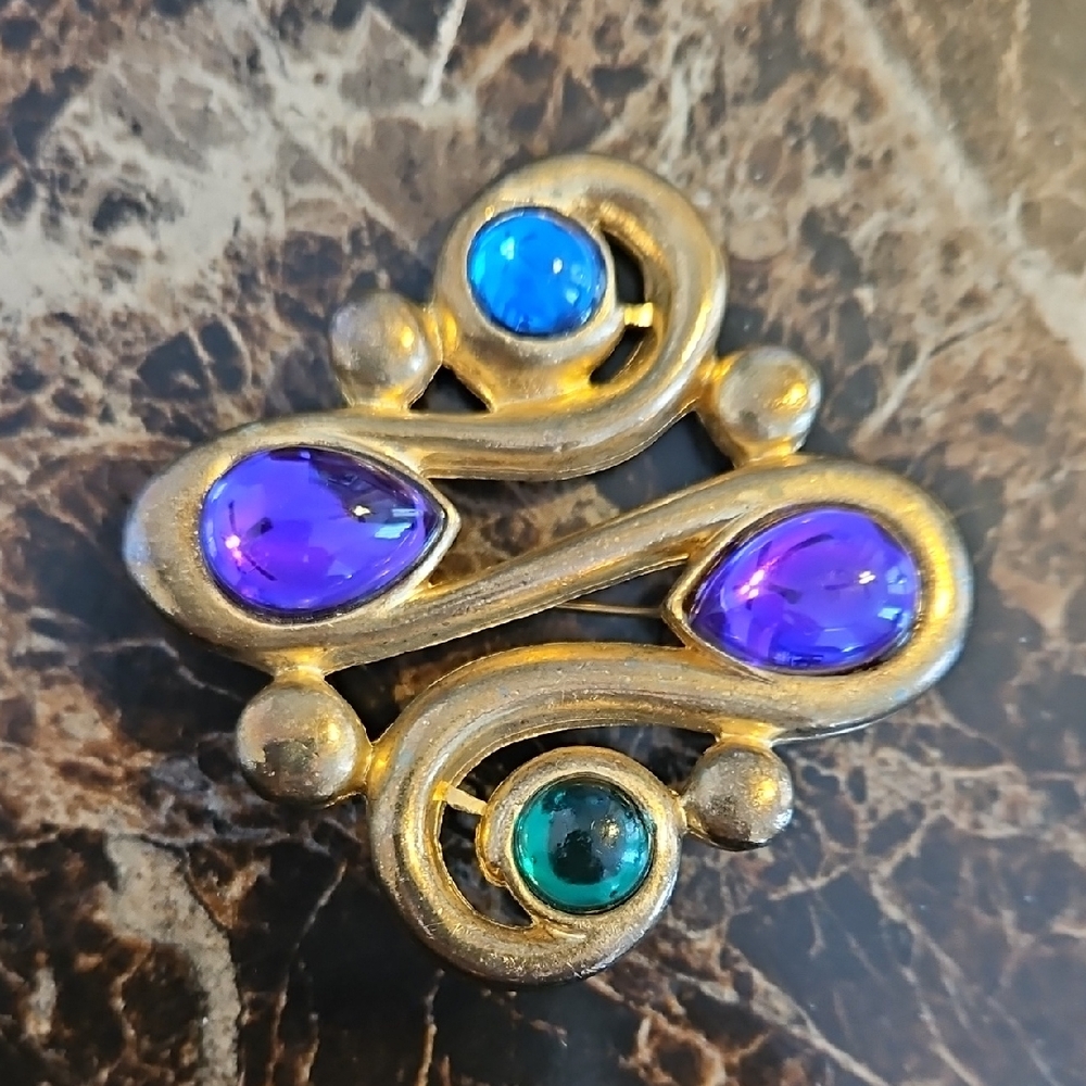 ​Vintage GIVENCHY Signed Gold Tone Swirl Brooch - Purple Blue Green Cabochons